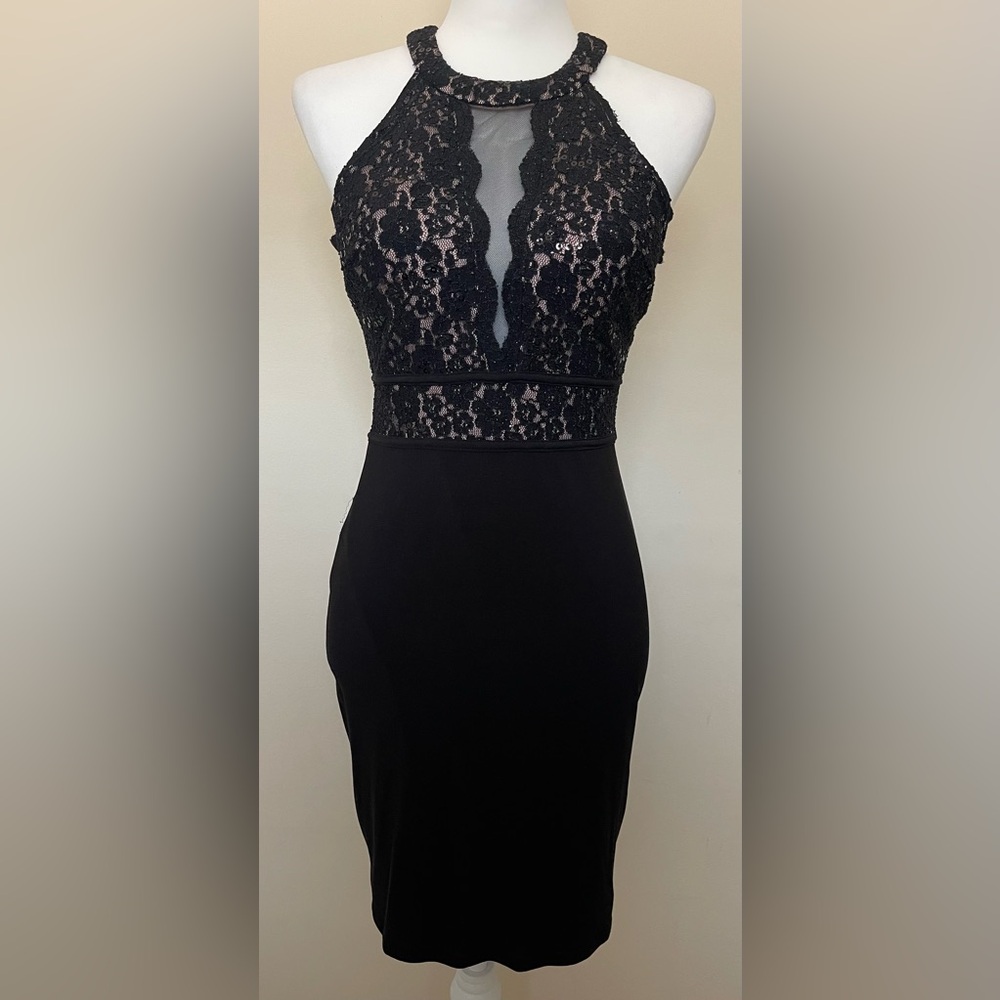Morgan & Co. Elegant Black Lace & Sequin Halter Cocktail Dress, Size 3
